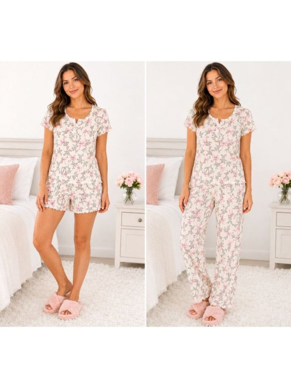 NWT Sm Laura Ashley Bow Pajama 3 pc Set Waffle Knit Shorts Pants Top Coquette